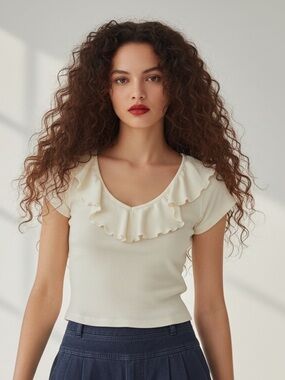 Wilfred Aritzia Danette Ruffle Ribbed Crop White Top Size S